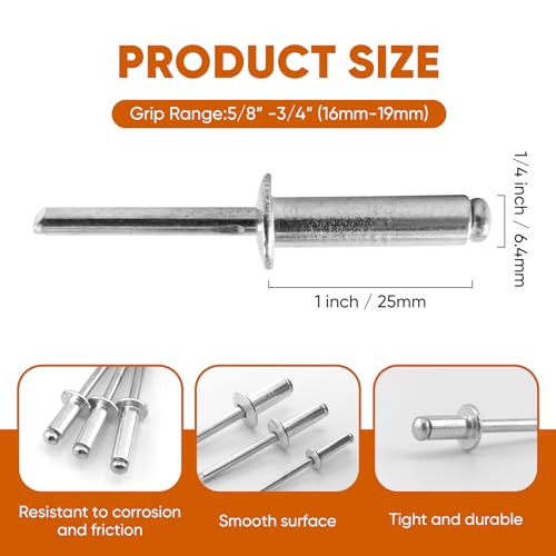 ALLCLEAN 60 Pcs 1/4" x 1" Aluminum Blind Rivets,6.4 x 25mm Pop Rivets,Aluminum Grip and Steel Mandrel - color: Aluminum, size: 1/4" x 1"