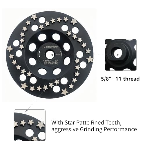 Diamond Grinding Cup Wheel for Concrete & Masonry, 36 Aggressive Star Segments, 5 Inch 5/8"-11 Thread, 30 Grit - style: 5"