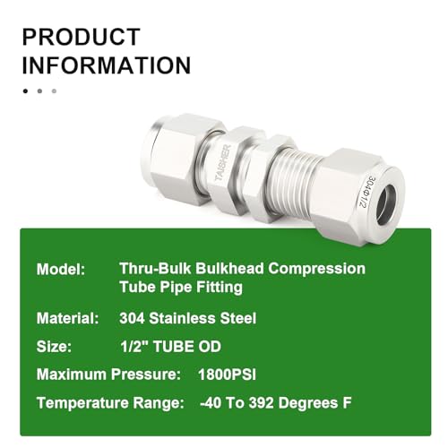 TAISHER 1PCS 304 Stainless Steel Thru-Bulk Bulkhead Compression Tube Pipe Fitting Connector, 1/2" Tube OD x 1/2" Tube OD Straight Adapter