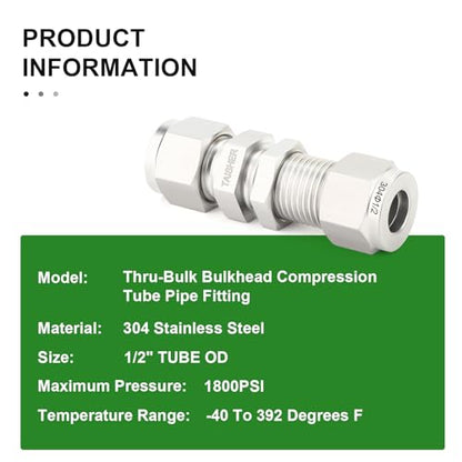 TAISHER 1PCS 304 Stainless Steel Thru-Bulk Bulkhead Compression Tube Pipe Fitting Connector, 1/2" Tube OD x 1/2" Tube OD Straight Adapter