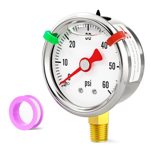 0-60psi Stainless Steel Glycerin Liquid Filled Pressure Gauge1/8 NPT 1.5" Dial, Lower Mount Designed for Pressure Testing of Water, Oil and Air (with Range Mark Pointer) - size: 0-60Psi