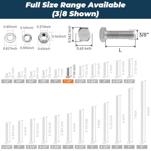 8 Sets Glvaner 3/8-16 x 1-1/4" Stainless Steel Hex Head Screws Bolts, Nuts, Flat & Lock Washers, 18-8 (304) Stainless Steel, Full Thread, Coarse Thread - size: 3/8-16 x 1-1/4"