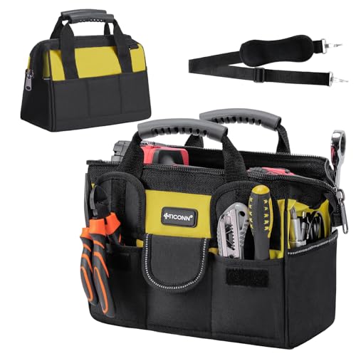 TICONN Heavy Duty Tool Bag with Multi-Pockets, Portable Tool Box Organizer Storage Bag, with Adjustable Shoulder Strap and Ergonomic Handle (Yellow, 12" Standard Base) (Pack of 22) - color: Yellow, size: 12" Standard Base (Pack of 22)