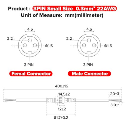 BTF-LIGHTING 3 Pin Electrical Connector 22AWG IP65 Male Female Connector 7.87in/20cm Extension Cable for Car,Truck,Boat,Indoor/Outdoor LED Strip Lights/String 15mm Nut Small Size 5 Pairs - size: 3 PIN Small Size
