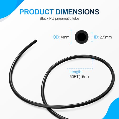 Black PU Air Hose, 4mm OD 2.5mm ID, 50FT - color: Black, size: 4mm OD x 50FT