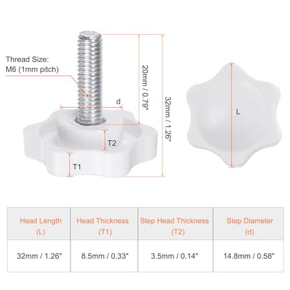 HARFINGTON 10pcs Star Knobs M6 x 20mm Male Thread 32mm Plastic 6-Point Head Stud Knob Hand Tightening Clamping Screw Replacement Threaded Handle, White - size: M6 x 20mm