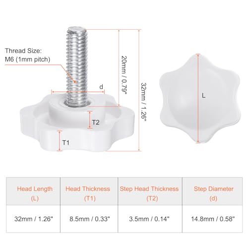 HARFINGTON 10pcs Star Knobs M6 x 20mm Male Thread 32mm Plastic 6-Point Head Stud Knob Hand Tightening Clamping Screw Replacement Threaded Handle, White - size: M6 x 20mm