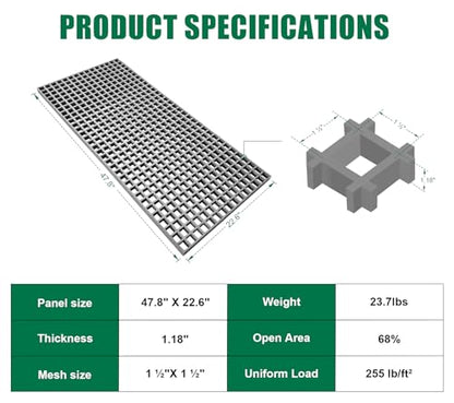 2 Pack 48x23x1.2in Fiberglass Molded Grating,Grit-top Surface,Grey - size: 48"L x 23"W x 1.2"Th