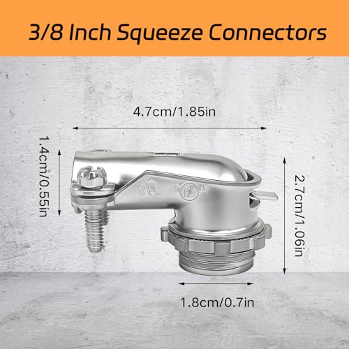 6 PCS 90° Squeeze Connectors AC/MC/Flex 3/8 90 Degree Elbow Cable Connector, Flexible Metal Conduit Fitting 3/8 Inch, Zinc Die Cast, UL Certification - size: 3/8in