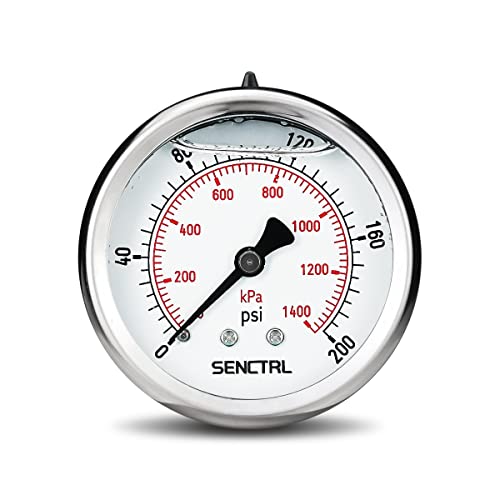 SENCTRL 0-200 Psi Liquid Filled Pressure Gauge, 1/4" NPT Back Mount - size: 0-200 Psi, style: Back Mount