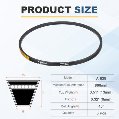 uxcell 3Pcs A838 Rubber V-Belt, 838mm Li x 13mm W x 8mm T, Classic Wrapped - size: A838