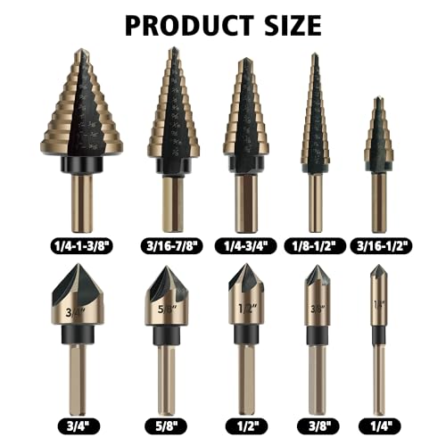 GMTOOLS 5Pcs Step Drill Bit & 5Pcs Countersink Drill Bit Set, Titanium Coated, 50 Sizes of Step Bit for Metal with Aluminum Case, Multiple Hole Stepped Up Bits for DIY - style: 11PCS