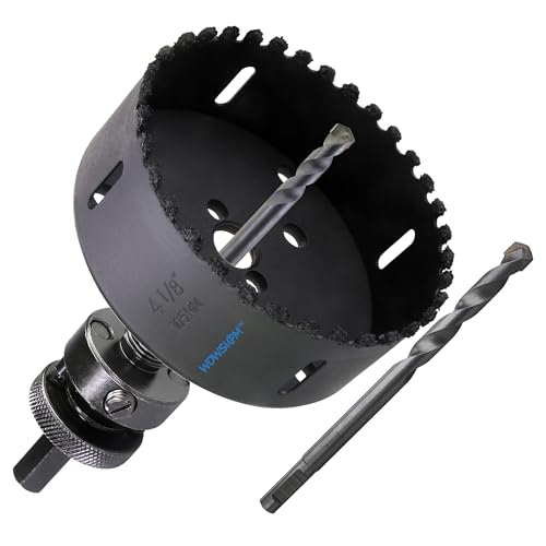4-1/8” Carbide Grit Hole Saw Cutting Air Brick Stucco Hardy Plank Drywall Cement Board with Pilot Drill Bits Up to 3X Long Life - color: 4-1/8"(105mm)
