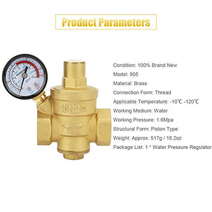 Water Pressure Regulator, Adjustable Brass Valve with Flow Meter Pressure Reducing Valve 3/4 Inch DN20 Thread for Homeowners Plumbers Residential Commercial Water Systems
