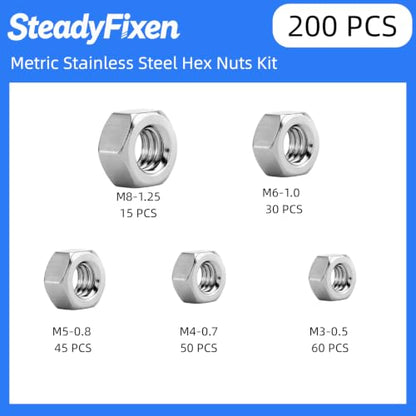 Hex Nuts Assortment Kit, 304 Stainless Steel 18-8 (A2-70) Hardware Nuts Set for Mechanical Repair & Assembly, Bright Finish, Silver,[M3-0.5 M4-0.7 M5-0.8 M6-1 M8-1.25](200PCS) - size: 200PCS,M3.M4.M5.M6.M8