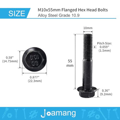 M10 x 55mm 10Pcs Flanged Hex Head Bolts, M10 x 1.5 Bolts, Flange Hexagon Head Screws, 10.9 Grade Alloy Steel, Black Oxide Finish, Metric Machine Threaded, Half Thread - size: M10 x 55mm(6PCS)