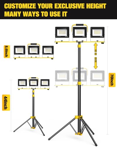 Upgraded LED Work Lights with Stand, 21000 Lumen, 3-Head Adjustable Work Light, Waterproof Foldable Tripod, Extended Cord for Outdoor & Indoor Job Sites, Workshops, Construction, Garage Lighting - style: 3 head black