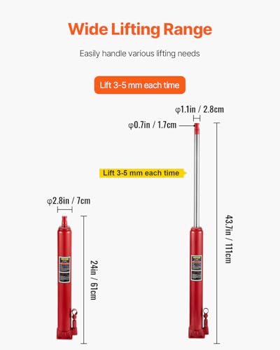 VEVOR 4 Ton Hydraulic Long Ram Jack, Cherry Picker Ram with Single Piston Pump, Manual Engine Hoist Cylinder with Handle and Flat Base, for Garage & Engine Lifting, Red - color: Red