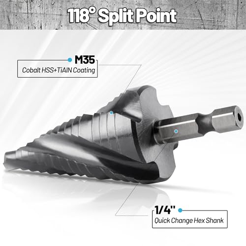 Cobalt M35 4 Spiral Flutes Step Drill Bit for Metal 1/4" to 3/4" - size: M35 1/4-3/4