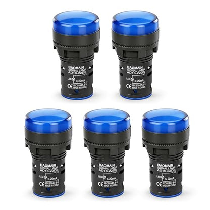 BAOMAIN 22mm LED Industrial Indicator Light,220V AC Pilot Signal Lamp for Industrial Machinery Control Circuits,7/8" Panel Mount, Screw Terminal,Blue,5-Pack - color: Blue
