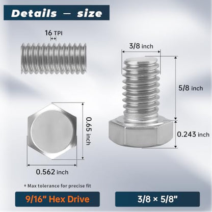 8 Sets Glvaner 3/8-16 x 5/8" Stainless Steel Hex Head Screws Bolts, Nuts, Flat & Lock Washers, 18-8 (304) Stainless Steel, Full Thread, Coarse Thread - size: 3/8-16 x 5/8"