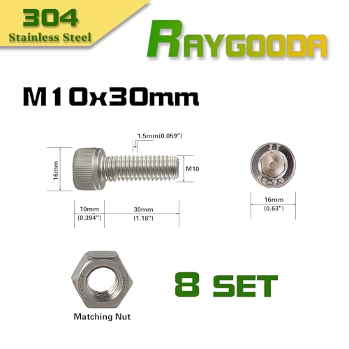 M10-1.5x30mm Socket Head Cap Screw and Nut Kit 8set, 304 Stainless Steel A2-70, Full Thread, Bright Finish - High Strength, Corrosion Resistant for Automotive, Machinery, DIY - size: M10x30mm(8 Sets）