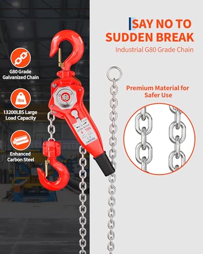 Manual Chain Hoist 6 Ton 13200 Lbs, 20FT Lever Block with 360° Swivel Chain, Weston Dual Pawl Brake, Overload Protection for Lifting & Pulling - size: 6T 20FT