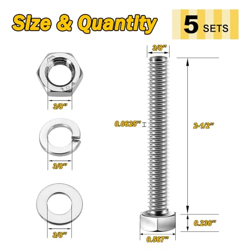 Mywish (5 Sets) 3/8-16x2-1/2 Hex Head Assorted Screws Nuts and Bolts with Flat & Lock Washers, 304 Stainless Steel 18-8, Fully Threaded, 3/8 Bolt Metric Bolt Assortment - size: 3/8-16 x 2-1/2 (5 set)