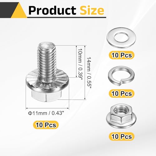 uxcell M5 x 10mm Phillips Flanged Hex Head Bolts, 10Pcs 304 Stainless Steel Flange Hexagon Screws with Nuts, Flat & Lock Washers, Fully Threaded, for Machinery Industry Home, Silver - color: Silver, size: M5 x 10mm