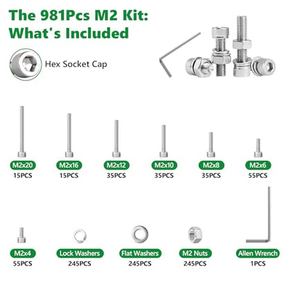 981 Pcs M2 Hex Socket Cap Screws Nuts Washers Wrench Kit, 304 SS - size: SS M2 981pcs 3