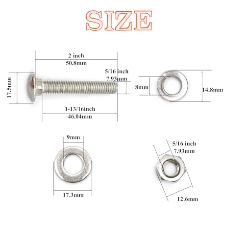 8 Sets 5/16"-18 x2 Carriage Bolts Round Head Square Neck Screws with Hex Nuts Flat Washers Spring Lock Washers 304 Stainless Steel Full Thread Coverage Square Neck Bolts Assortment Kit - size: 5/16"-18 x2"-8 Sets