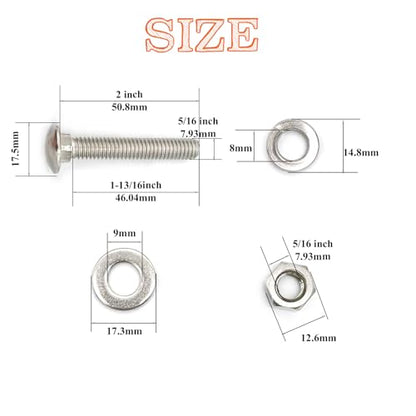 8 Sets 5/16"-18 x2 Carriage Bolts Round Head Square Neck Screws with Hex Nuts Flat Washers Spring Lock Washers 304 Stainless Steel Full Thread Coverage Square Neck Bolts Assortment Kit - size: 5/16"-18 x2"-8 Sets
