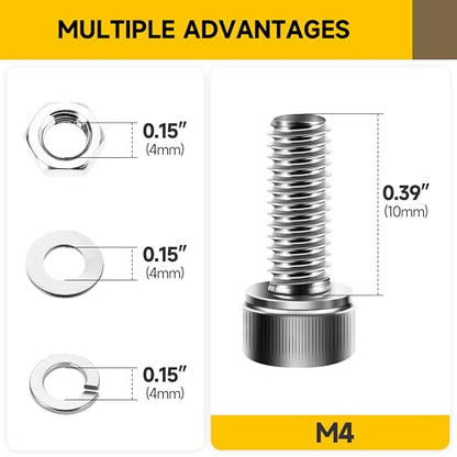 Mywish (100Sets) M4 Bolts, M4 x 10mm Socket Head Cap Screws Bolts, 304 Stainless Steel Allen Socket Hex Drive Screws, Bright Finish M4 Screw Kit with Nuts and Washers & Hex Spanner - size: M4 x 10mm