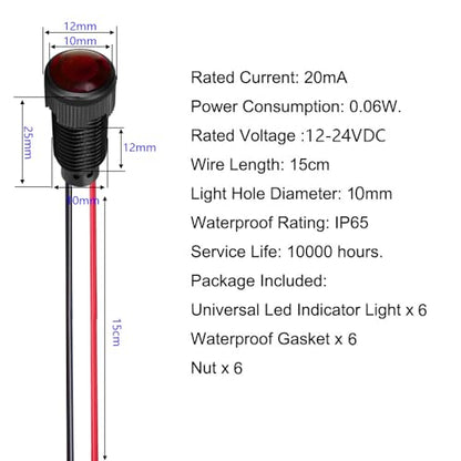 Gebildet 6pcs Red LED Indicator Pilot Light AC/DC 12-24V Mounting Hole Size 10mm(Flame Retardant Plastic Shell) - color: Red 12-24V/Black shell