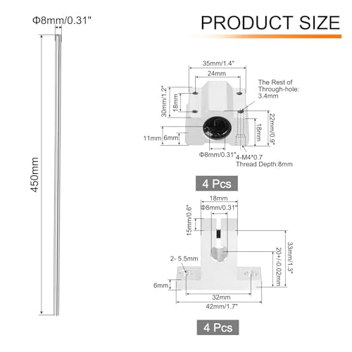uxcell 2 Pcs 8mm x 450mm Linear Motion Rail Shaft Slide Guide with 4 Pcs SCS8UU Bearings and 4 Pcs SK8 Rail Support Linear Motion Rod Shaft Guide Set for CNC Machine 3D Printer, Silver - size: 450mm