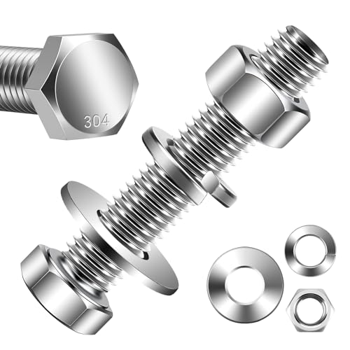 Mellewell 1/4-20 x 2-1/4" Hex Head Bolts with Hex Nuts and Thick Flat & Lock Washers, Fully Threaded, Stainless Steel 18-8, Plain Finish, 8 Sets - color: Silver, size: 1/4-20 x 2-1/4"