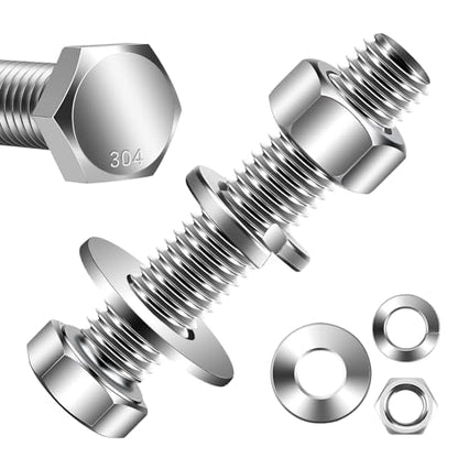 Mellewell 1/4-20 x 2-1/4" Hex Head Bolts with Hex Nuts and Thick Flat & Lock Washers, Fully Threaded, Stainless Steel 18-8, Plain Finish, 8 Sets - color: Silver, size: 1/4-20 x 2-1/4"