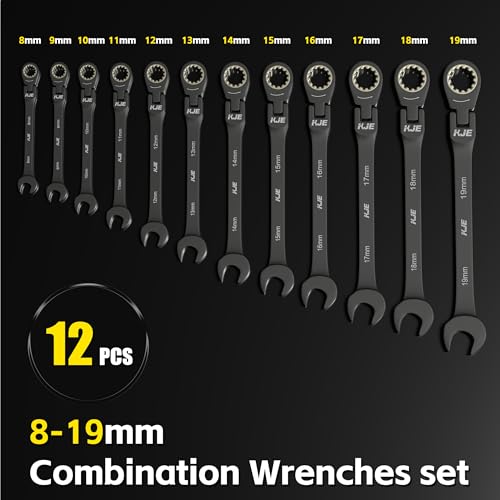 KJE 90-Teeth Metric 180° Flex-Head Ratcheting Wrench Set, Cr-V Steel, 12-Piece Metric 8-19mm Combination Wrenches set, Nickel Plating, with Organizer Bag, for Auto, Machine Repair, Gift - size: 12PCS Metric 8 - 19 mm