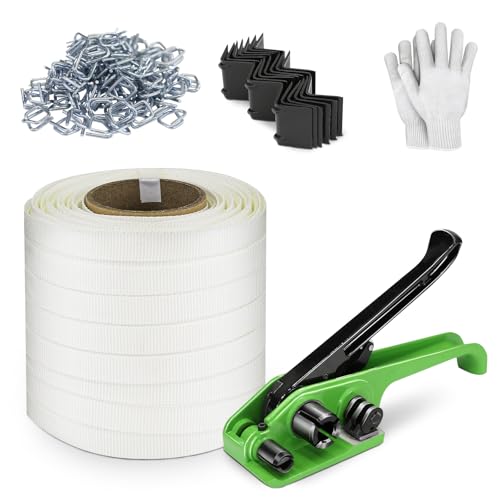 Heavy Duty Banding Strapping kit Contain 3/4"x 330' Woven Cord Packaging Straps & 100 Metal Wire Buckles 100 Plastic Edge Protectors Tensioner with Cutter Tool Glove - size: woven cord kit