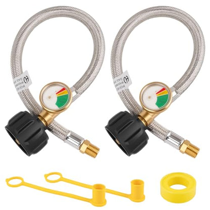 2PCS 15 IN RV Propane Hose with Pressure Gauge, 1/4" Male, 250PSI