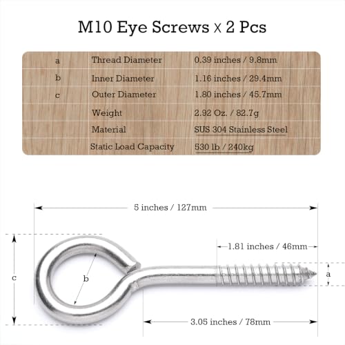 2 pcs 3/8" x 5" Stainless Steel Screw Eye Hooks, Load Capacity 500 lb, M10 - size: M10-5'', 2Pcs