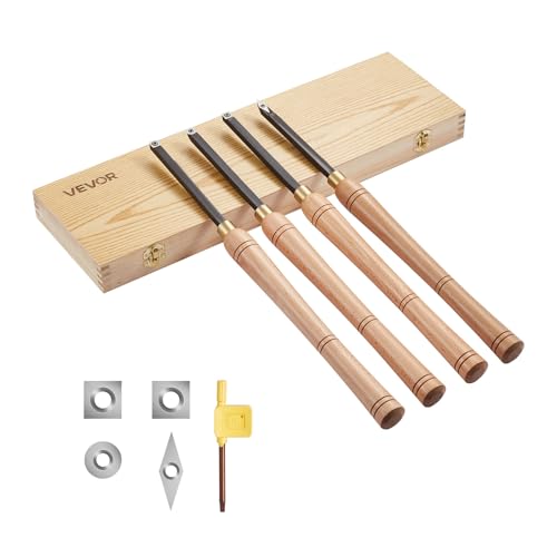 VEVOR Wood Lathe Turning Tool Set, 4PCS, Lathe Roughing Finishing and Detailing Hollow Tool with Wooden Handle, Diamond Round Square Carbide Inserts, Wooden Box, for Beginners Hobbyists Professionals - size: 19 in