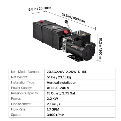 VEVOR 15 Quart Hydraulic Pump 2.2KW AC 220-240V Hydraulic Dump Trailer Pump - size: 15 Quart, style: Single Acting