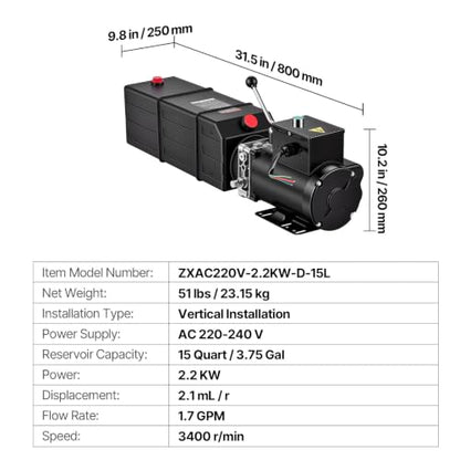 VEVOR 15 Quart Hydraulic Pump 2.2KW AC 220-240V Hydraulic Dump Trailer Pump - size: 15 Quart, style: Single Acting