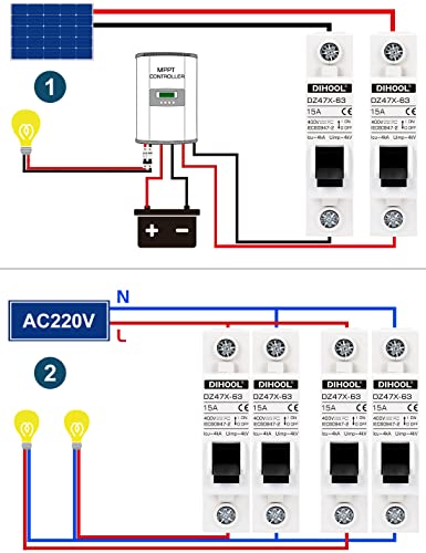 DIHOOL AC/DC Miniature Circuit Breakers, 2 Pack, Single Pole 15 Amp, 12V 24V 48V 400V, Non Polarized, Solar Disconnect Switch, DIN Rail Mount, RV Battery Isolator, PV Array MCB, Thermal Magnetic Trip