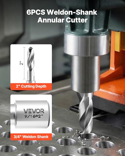 VEVOR Annular Cutter Set, 6 pcs Weldon Shank Mag Drill Bits Kit, 2" Cutting Depth,1/4" to 9/16" Cutting Diameter, HSS, 6 Drill Bits with Plastic Case, for Magnetic Drills, Steel, Aluminum, Copper - size: 1/4" - 9/16" * 2"