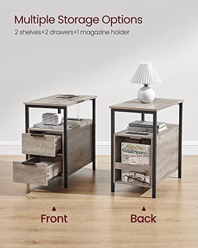 VASAGLE Side End Table with Charging Station, Slim Nightstand with Storage - color: Heather Greige + Ink Black, size: 23.6"D x 13.8"W
