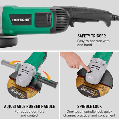 Hoteche 9-Inch Angle Grinder 4-HP Grinding and Cutting Tool Fits 7/8" Hole Size Wheels with Rotatable Handle and Lock-On Switch - size: 9-Inch 4-HP