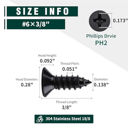#6 x 3/8" Flat Head Phillips Sheet Metal Tek Screws, 304 Stainless Steel 18-8, Black Oxide Coated Finish, Corrosion Resistant Flat Head Wood Screws, 100 PCS - size: #6 x 3/8"