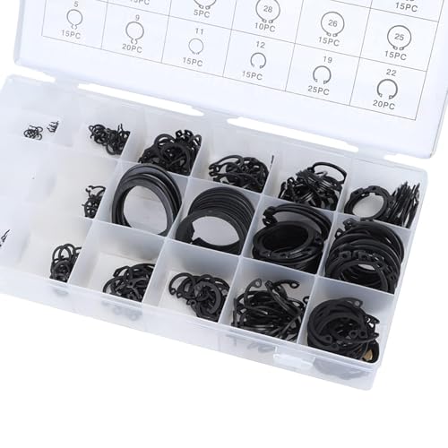 300Pcs Snap Ring Set, 2-32mm/0.08-1.26in E Clip Circlip Kit External Retaining Ring Assortment Set with Plastic Storage Case Metal Auto Parts Repair for Bearings Gears Pulleys